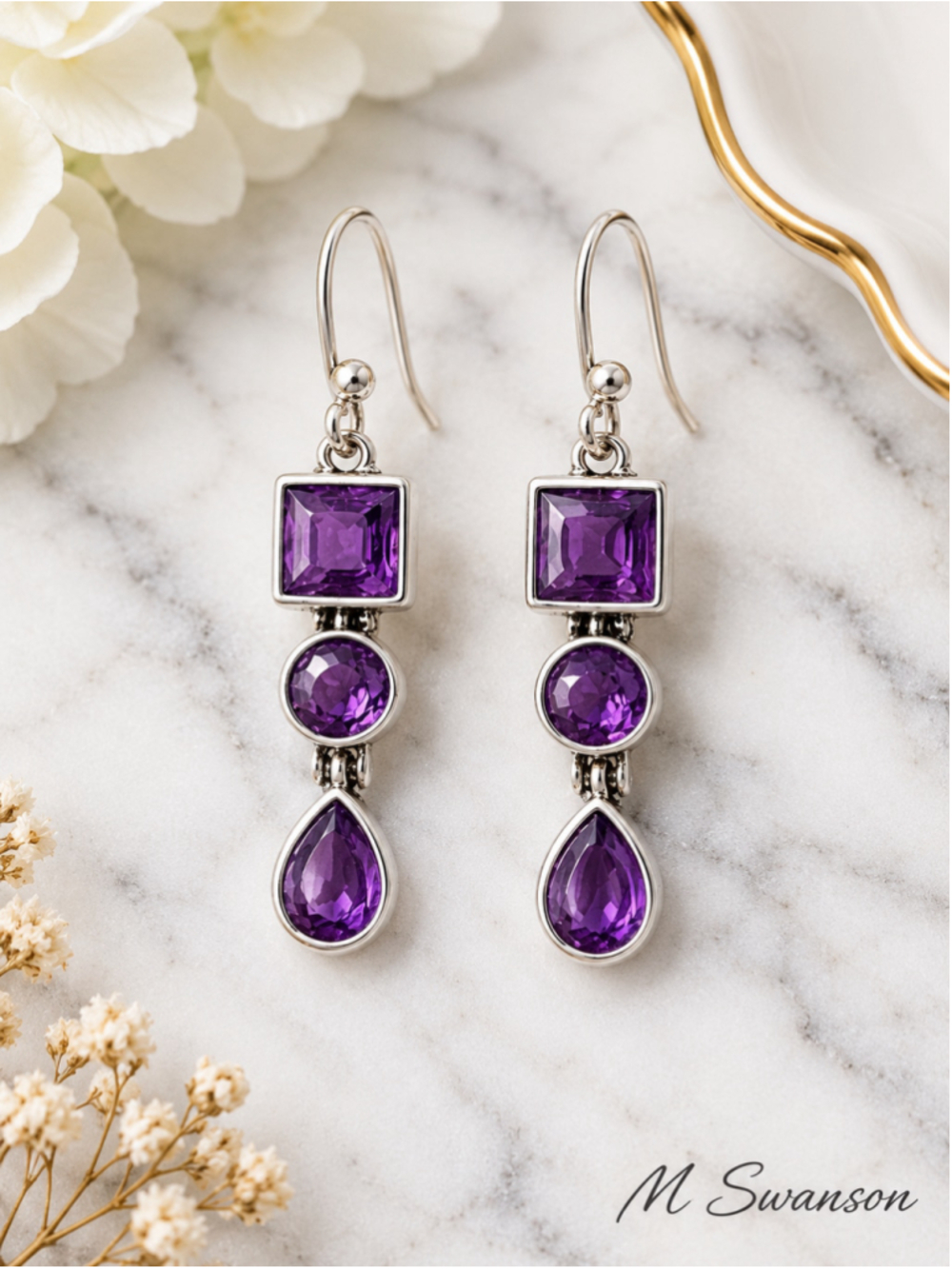 Amethyst 925 Sterling Silver Drop Earrings Purple NWT